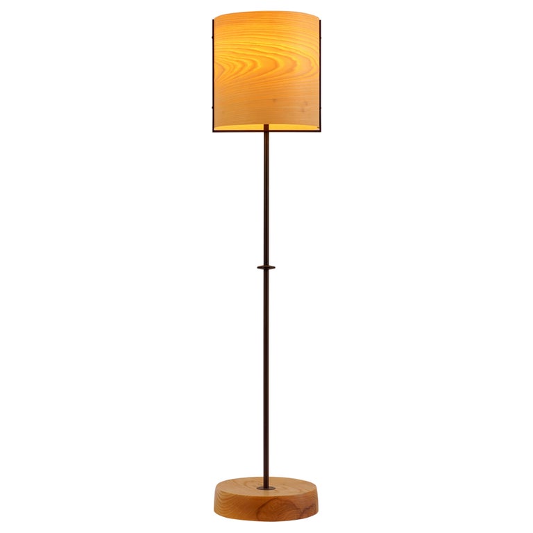 Ash Wood Veneer Floor Lamp 8 with Blackened Bronze Frame For Sale at