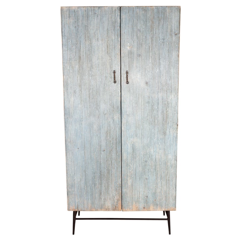 Distressed Patina Two Door Reeded Cabinet For Sale
