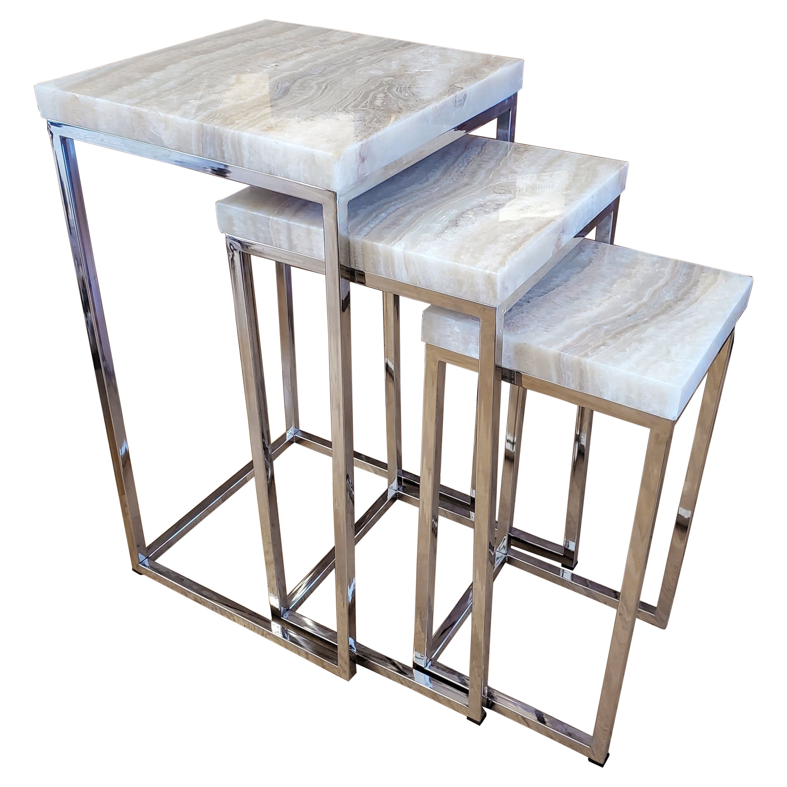 Mid-Century Modern Nesting Tables with White Onyx Tops and Chrome Legs For Sale