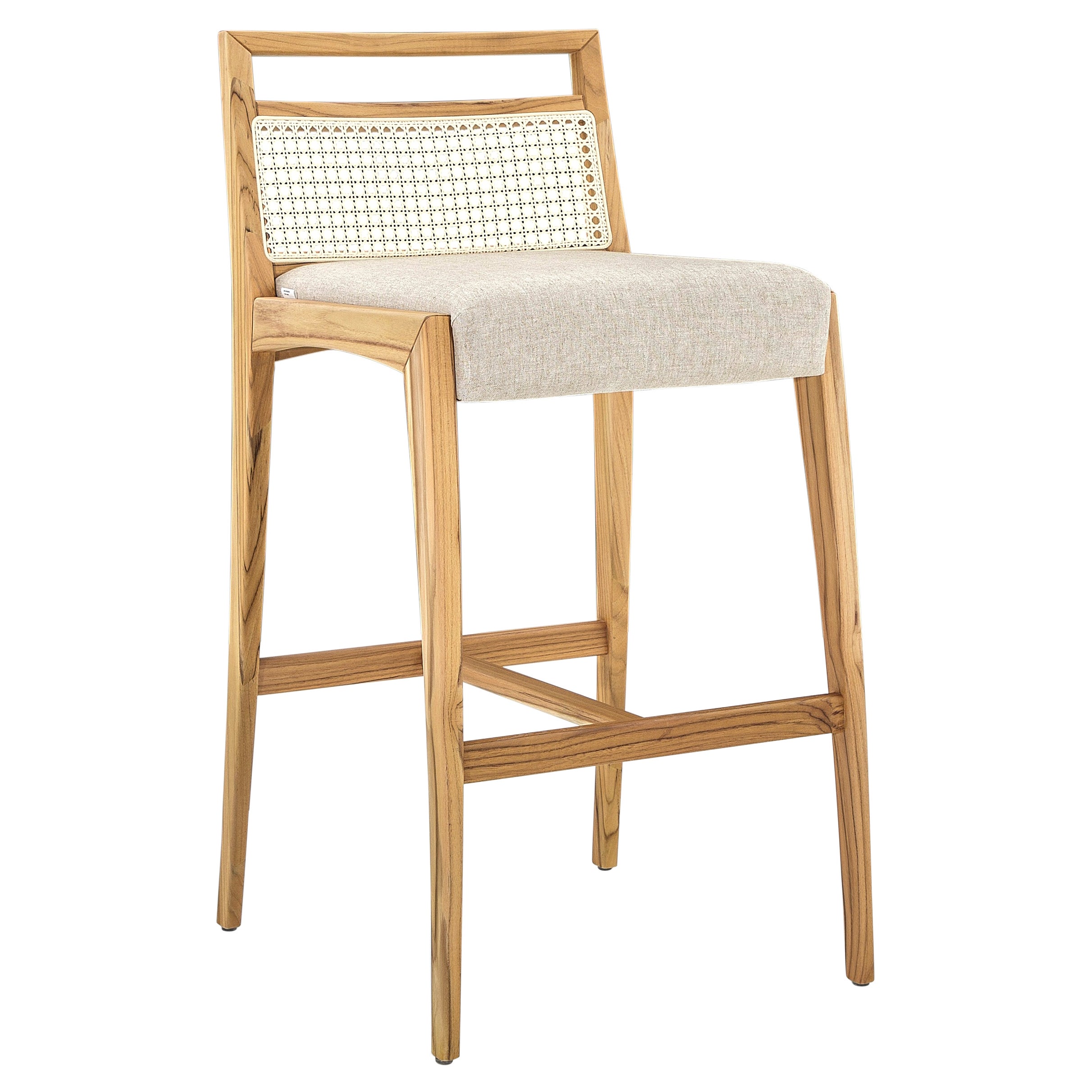 Tabouret de comptoir avec dossier à cannage, tissu beige et finition en bois de teck en vente