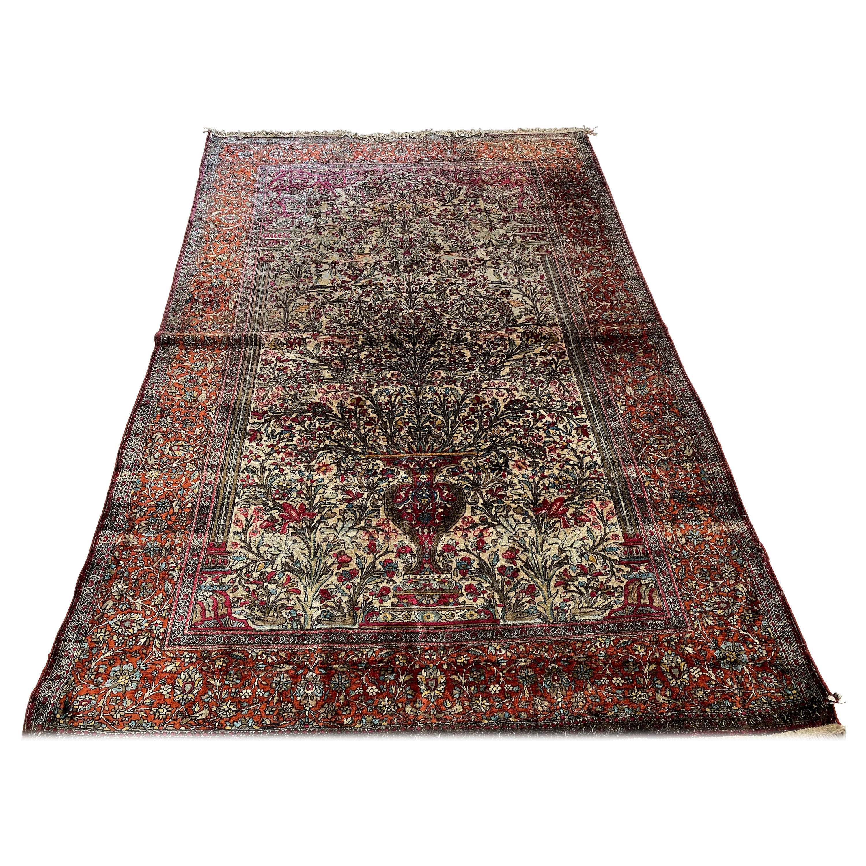 Antique Persian Red and Ivory Floral Silk Mohtasham Kashan Rug c. 1850-1880 For Sale