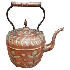 19th Century Copper Kettle with Brass & Silver Floral Decoration