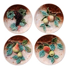 Set of Four 19th Century French Hand Painted Ceramic Barbotine Fruit Platters
