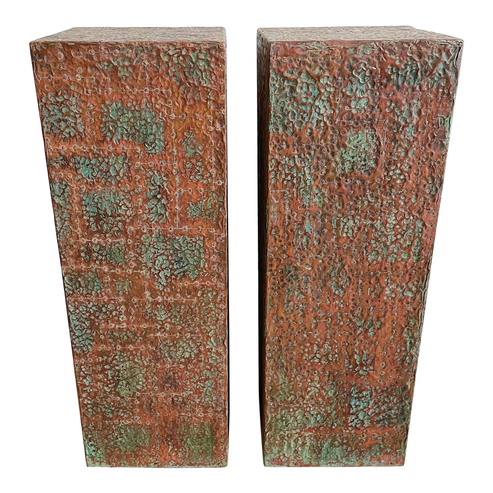 Pair of Bespoke Brutalist Distressed Copper Clad Patchwork Pedestals