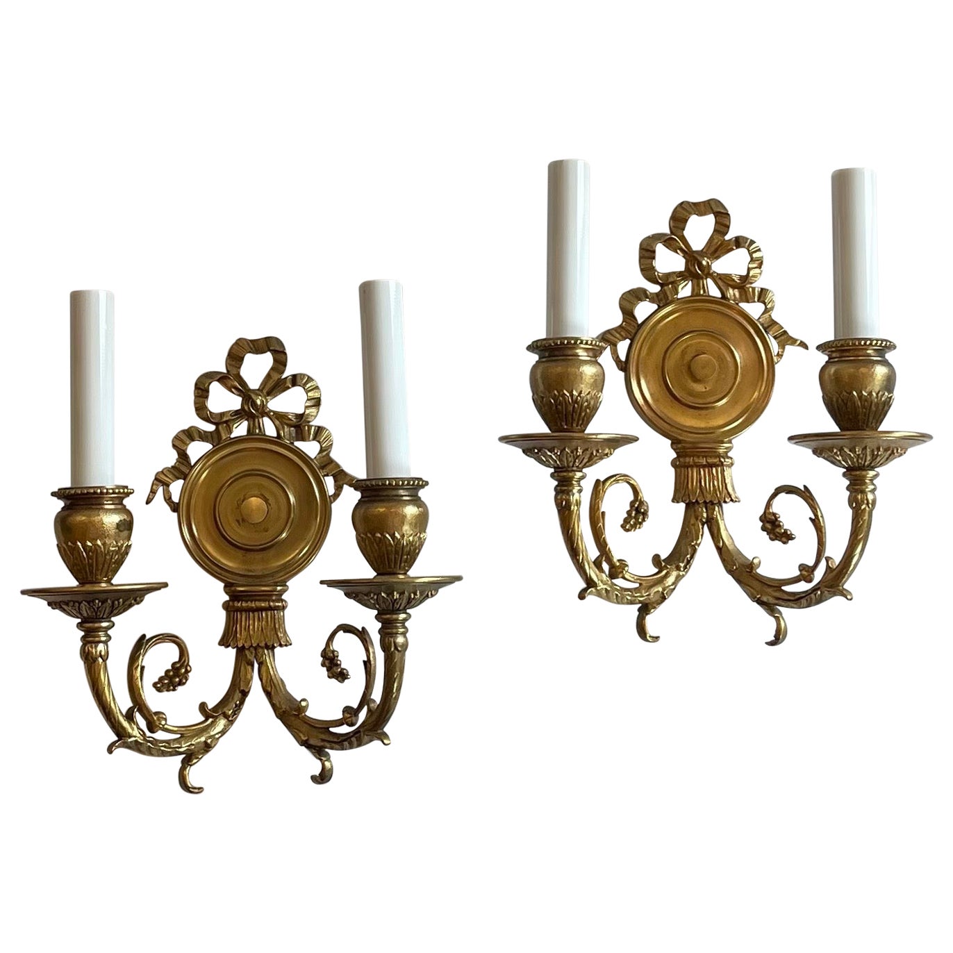 Wonderful Pair French Dore Bronze Bow Top Wall Sconces E.F. Caldwell