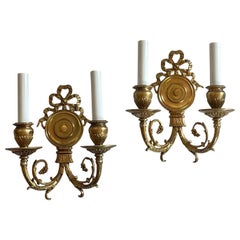 Wonderful Pair French Dore Bronze Bow Top Wall Sconces E.F. Caldwell