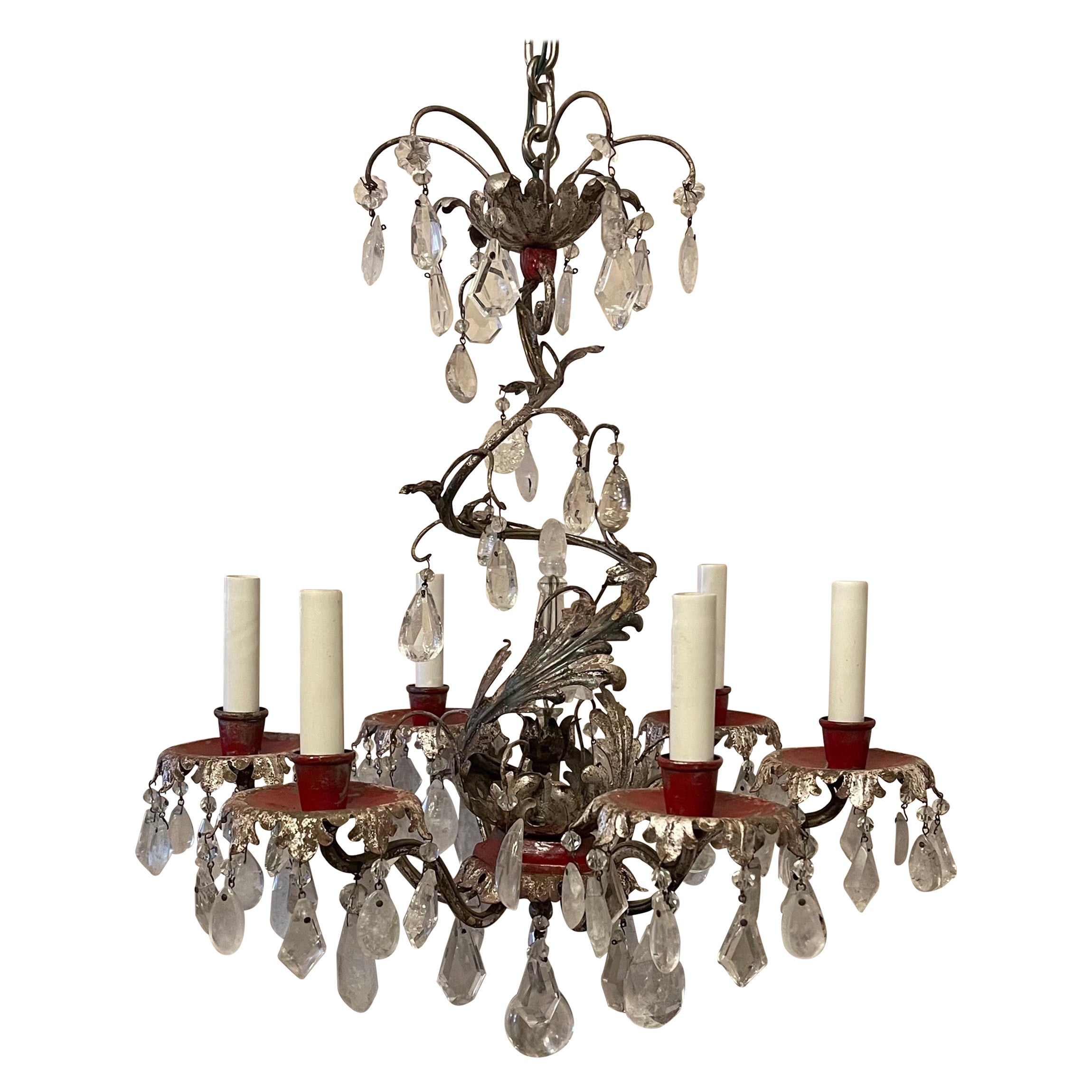 Wonderful French Silver Red Gilt Bagues Rock Crystal Chandelier E.F. Caldwell For Sale