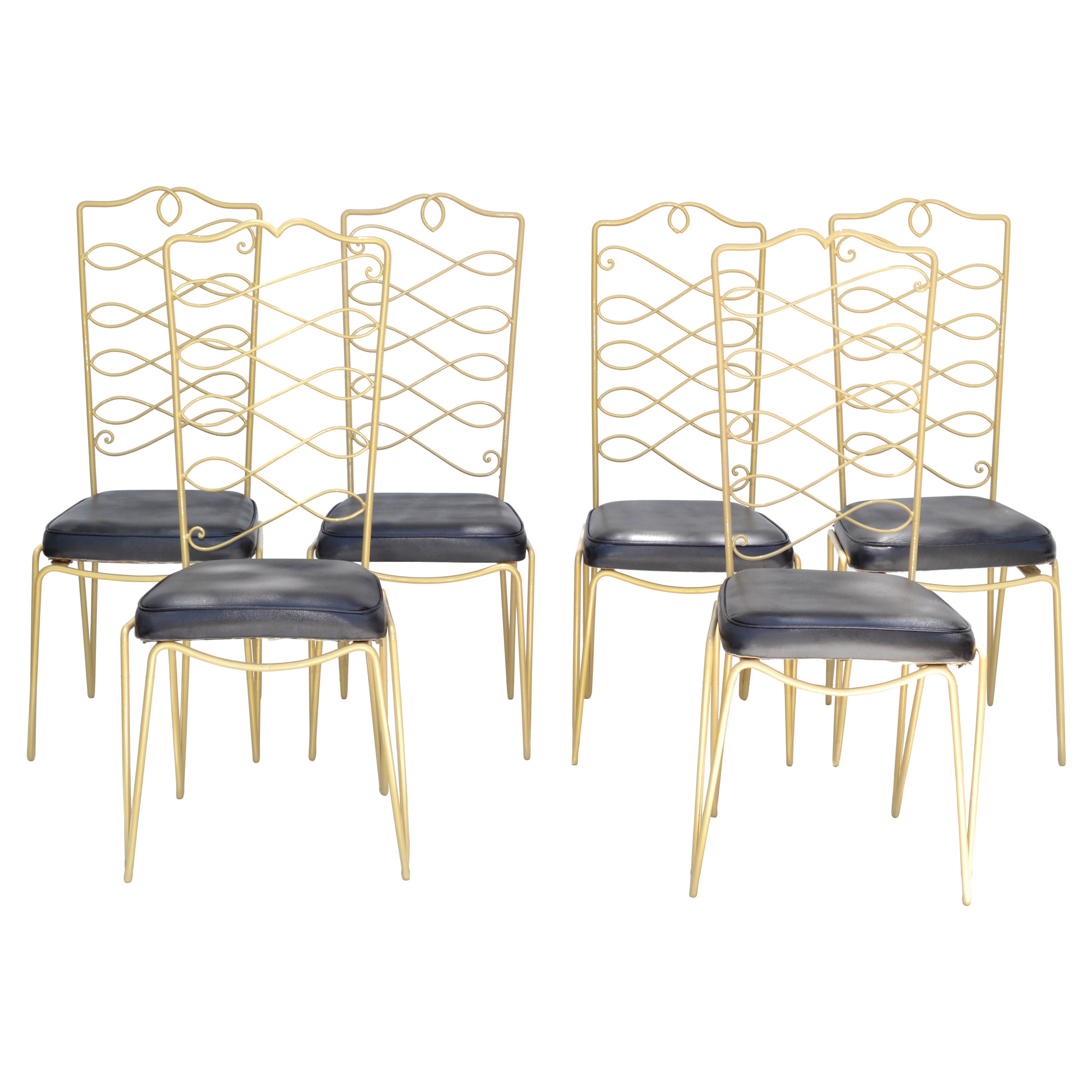 Rene Prou Art Deco Golden Wrought Iron Dining Room Chairs Black Vinyl Seats, 6