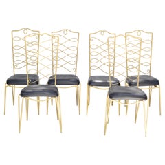 Used Rene Prou Art Deco Golden Wrought Iron Dining Room Chairs Black Vinyl Seats, 6