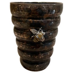 Vintage Beehive Glass with Bumble Bee in Silver Plate Modern Mexico 1970s