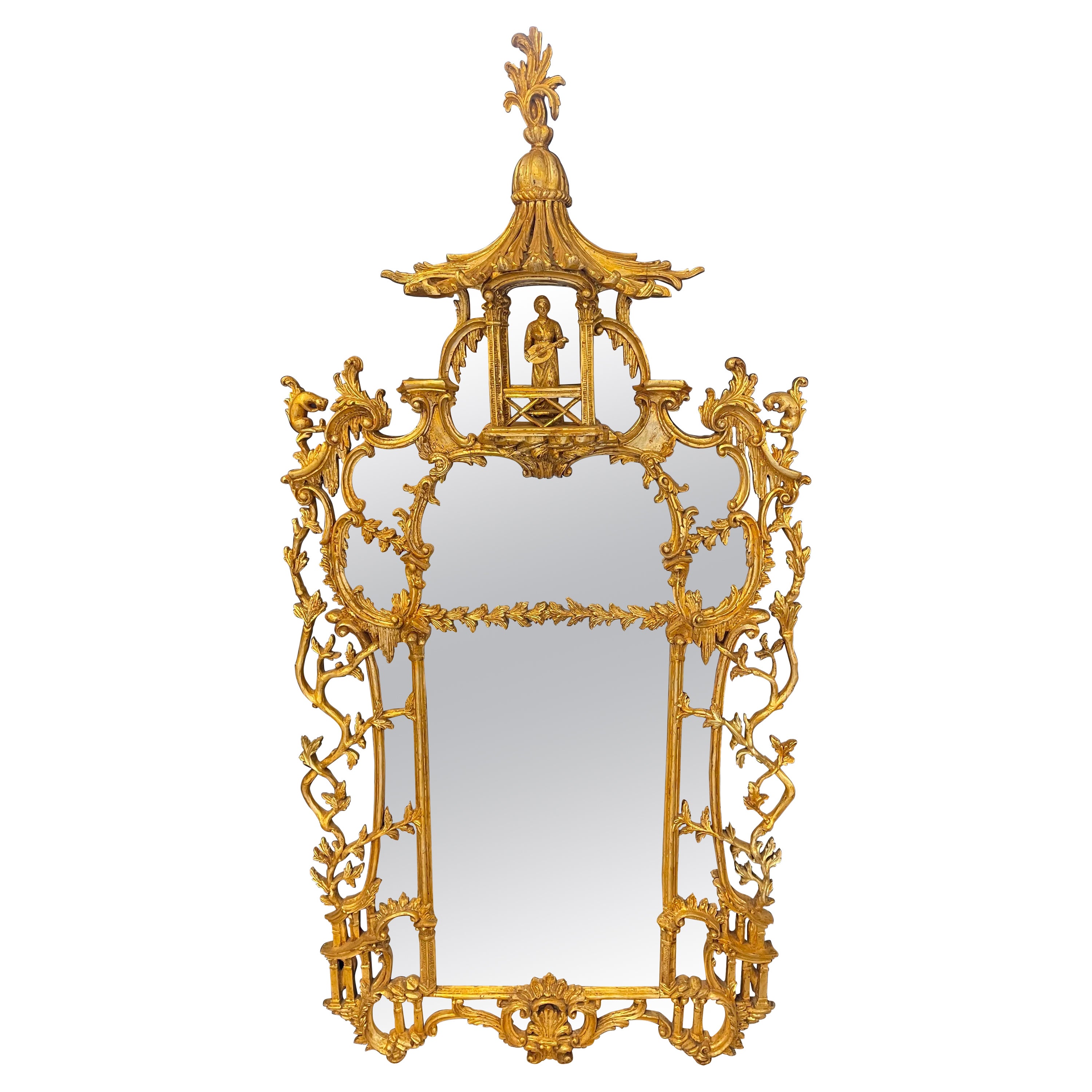 Chinese Chippendale Gilt Wood Wall or Console Mirror, Monumental