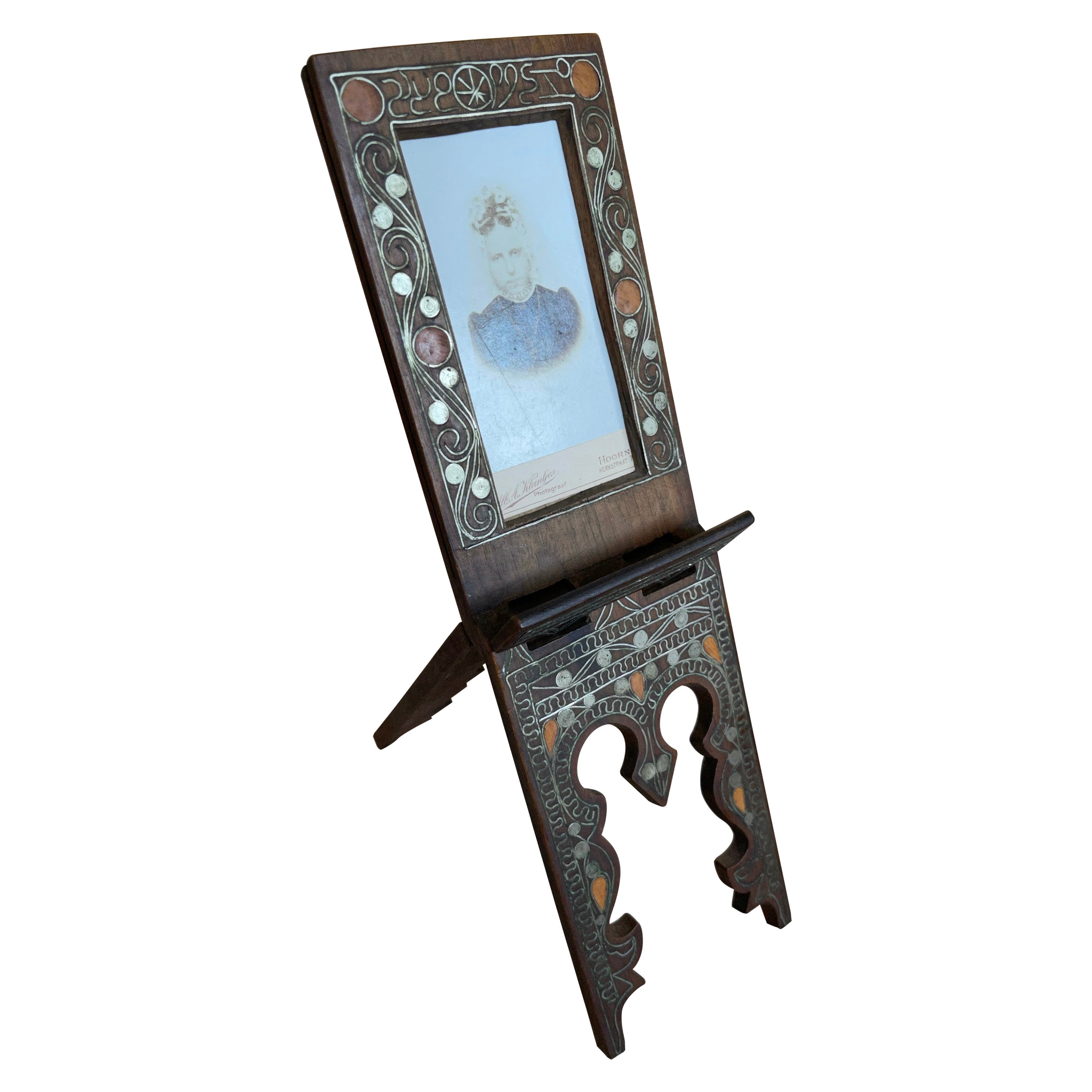 Arabic Antique Wooden Photo / Picture Frame Easel Inlaid Silver Scrolling Motifs