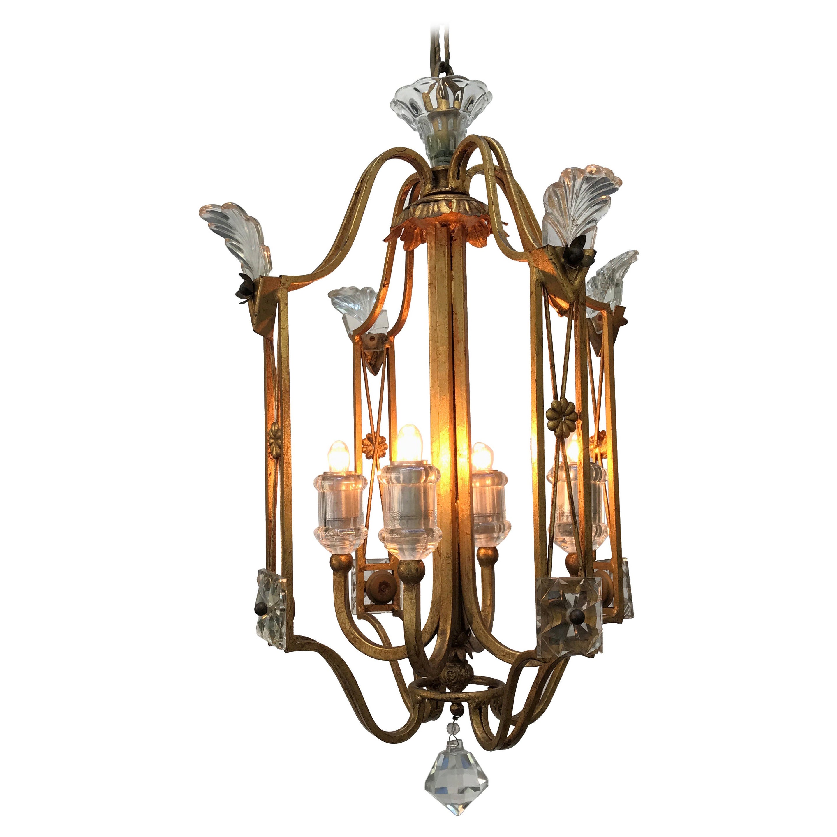 Italian Banci Firenze Four-Light Chandelier 1980 Crystal Gilt Iron Cage Lantern