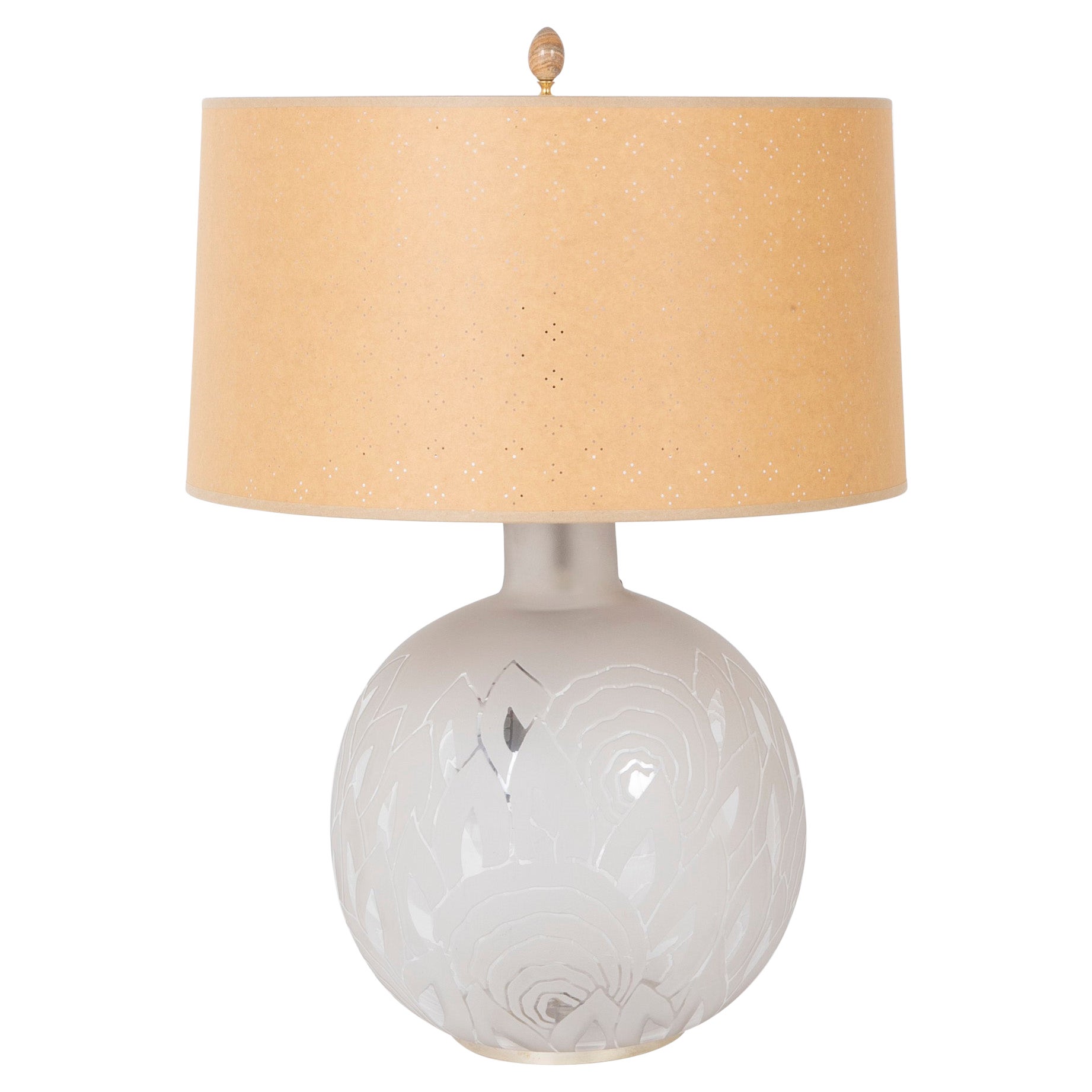 Jean Boris Lacroix Etched Glass Lamp in Rounded Form For Sale