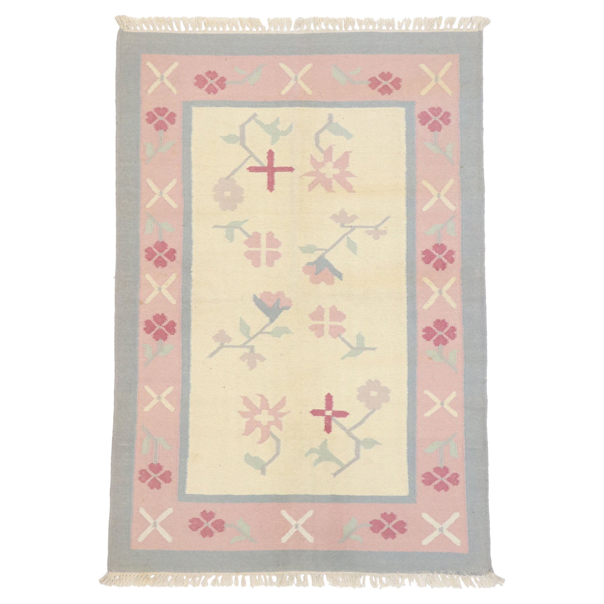 Vintage Floral Dhurrie Rug For Sale