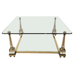 Large Square Lucite Obelisk Coffee Table with Brass and Glass
