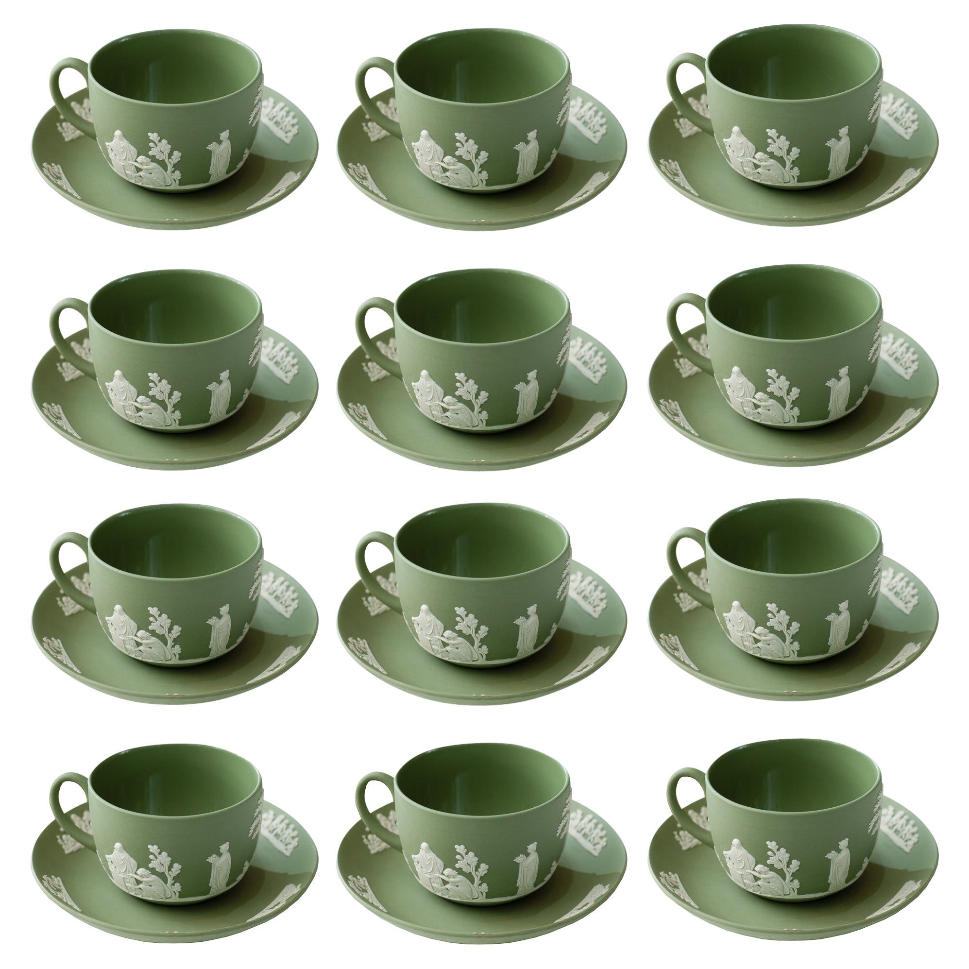 Antique Set of 12 Sage Green Wedgwood Jasperware Teacups and Saucers