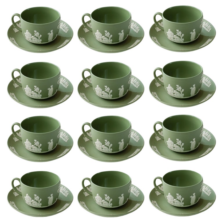 Antique Set of 12 Sage Green Wedgwood Jasperware Teacups and Saucers at