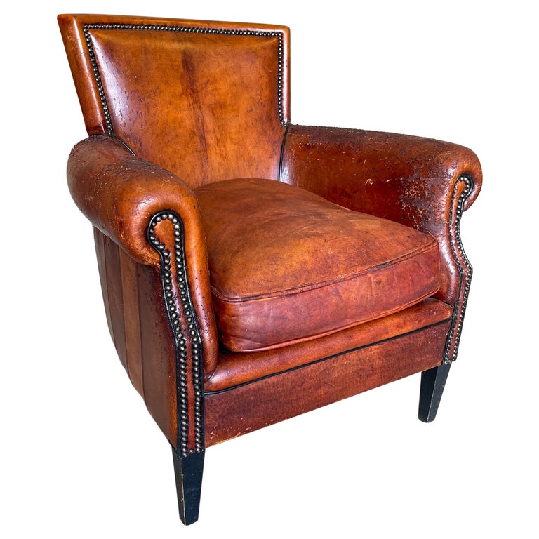 Vintage European Leather Club Chair with Brass Nailhead Detail at 1stDibs