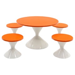 Low Round Outdoor Table w/ Four Stools, Orange and White, Perfect for Kids