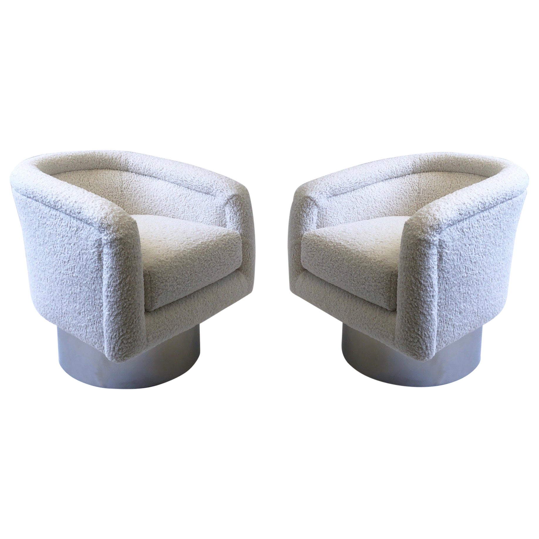 Pair of White Boucle and Chrome Swivel Lounge Chairs by Leon Rosen for Pace