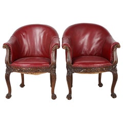 Vintage Pair French Leather Barrel Back Chairs