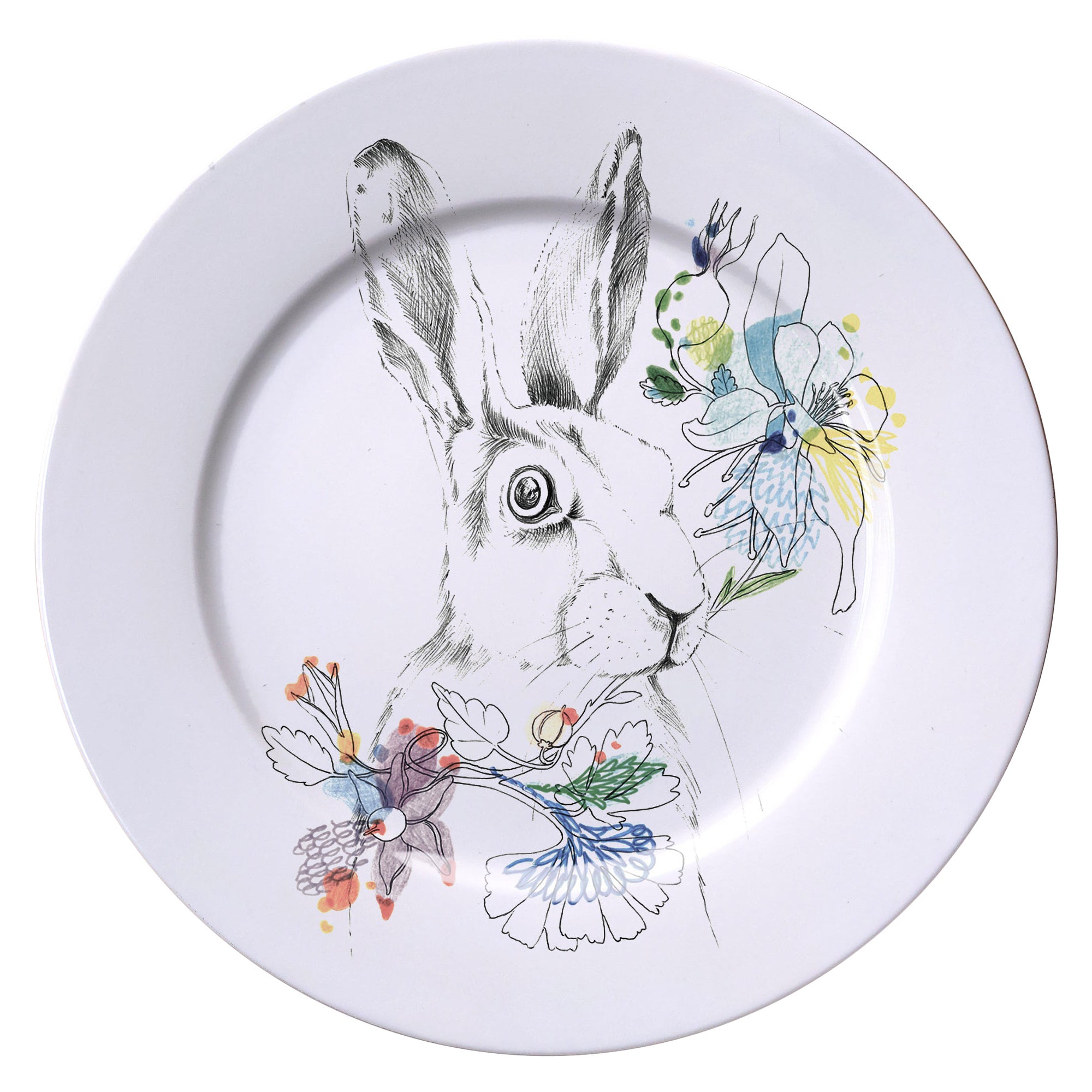 Ode to the Woods, Contemporary Porcelain Dinner Plate with Rabbit and Flowers
