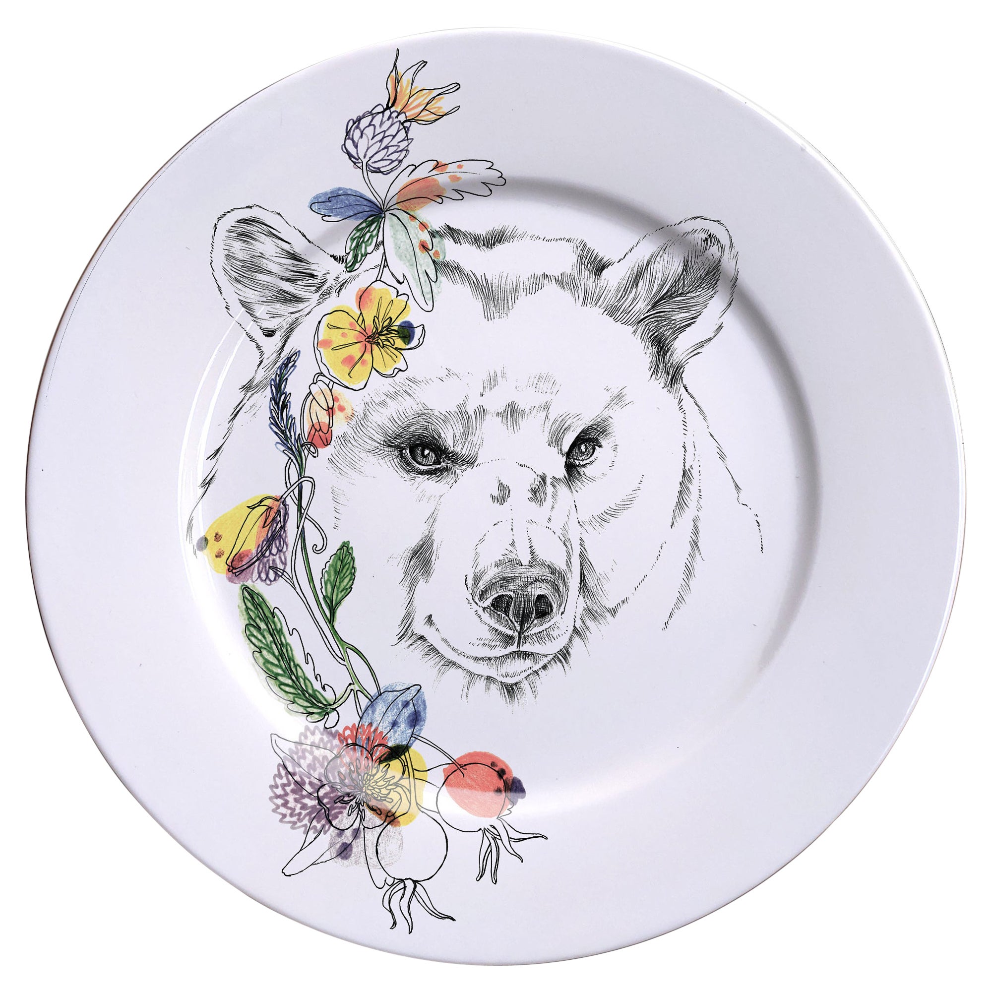 Ode to the Woods, Contemporary Porcelain Dinner Plate with Bear and Flowers