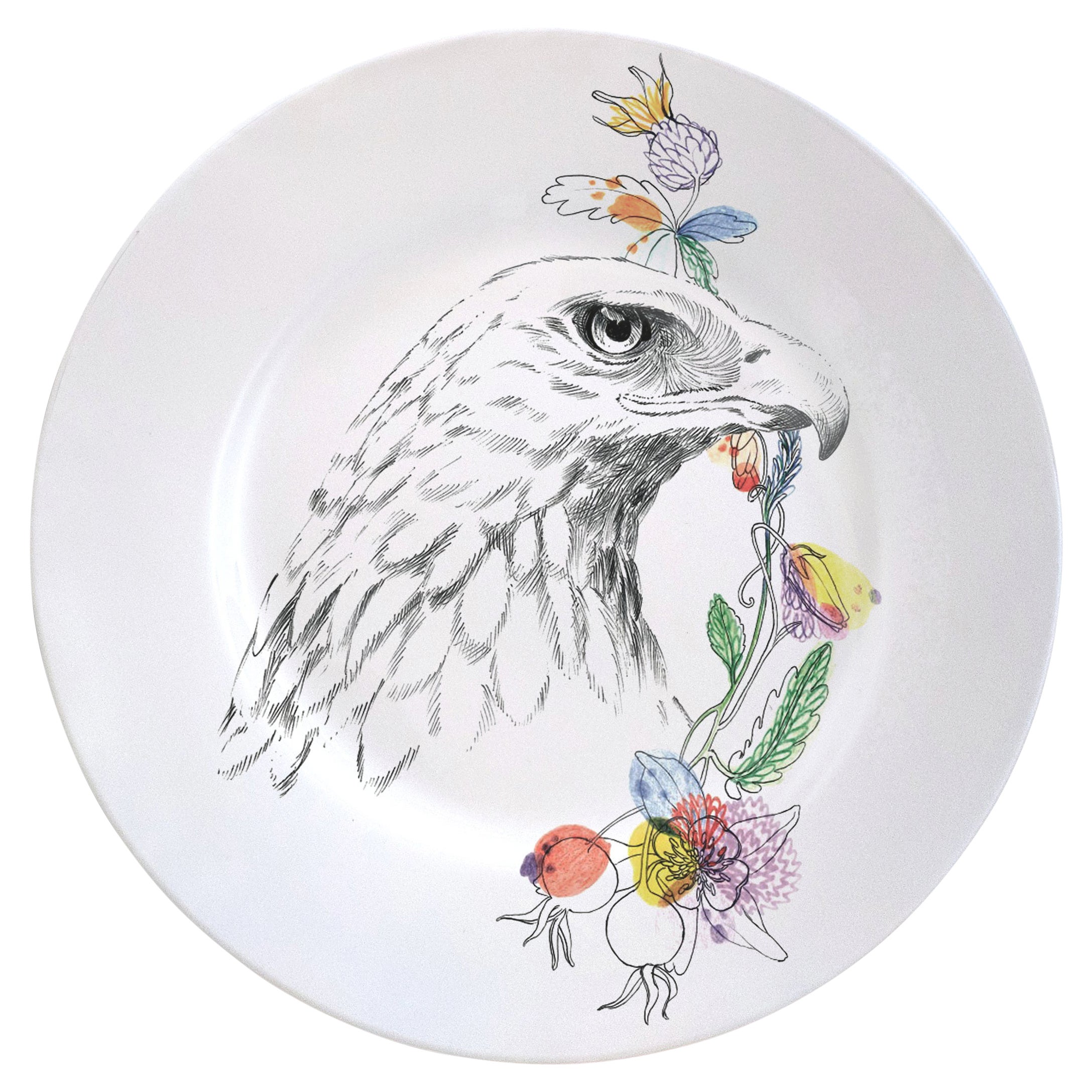 Ode to the Woods, Contemporary Porcelain Dinner Plate with Eagle and Flowers For Sale