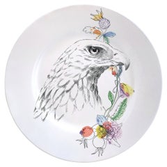 Ode to the Woods, Contemporary Porcelain Dinner Plate with Eagle and Flowers