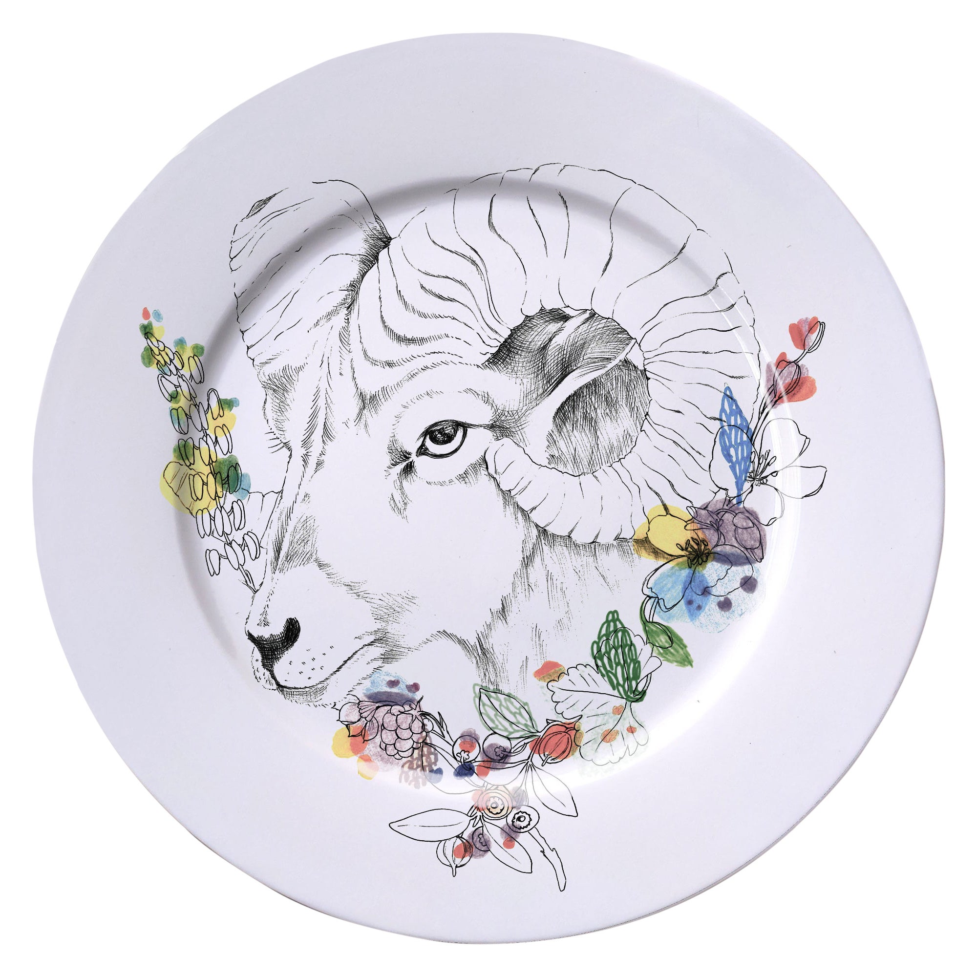Ode to the Woods, Contemporary Porcelain Dinner Plate with Sheep and Flowers For Sale