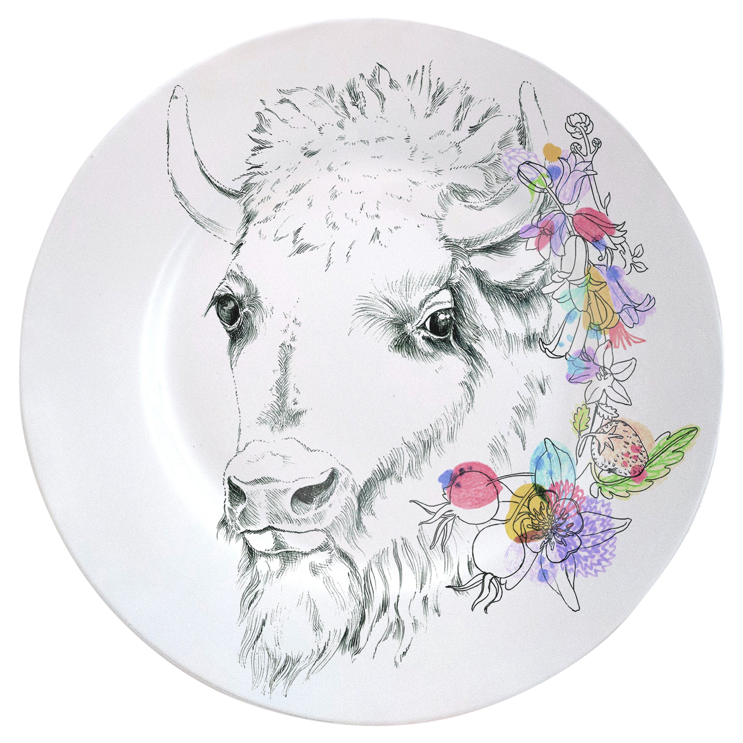Ode to the Woods, Contemporary Porcelain Dinner Plate with Bison and Flowers For Sale