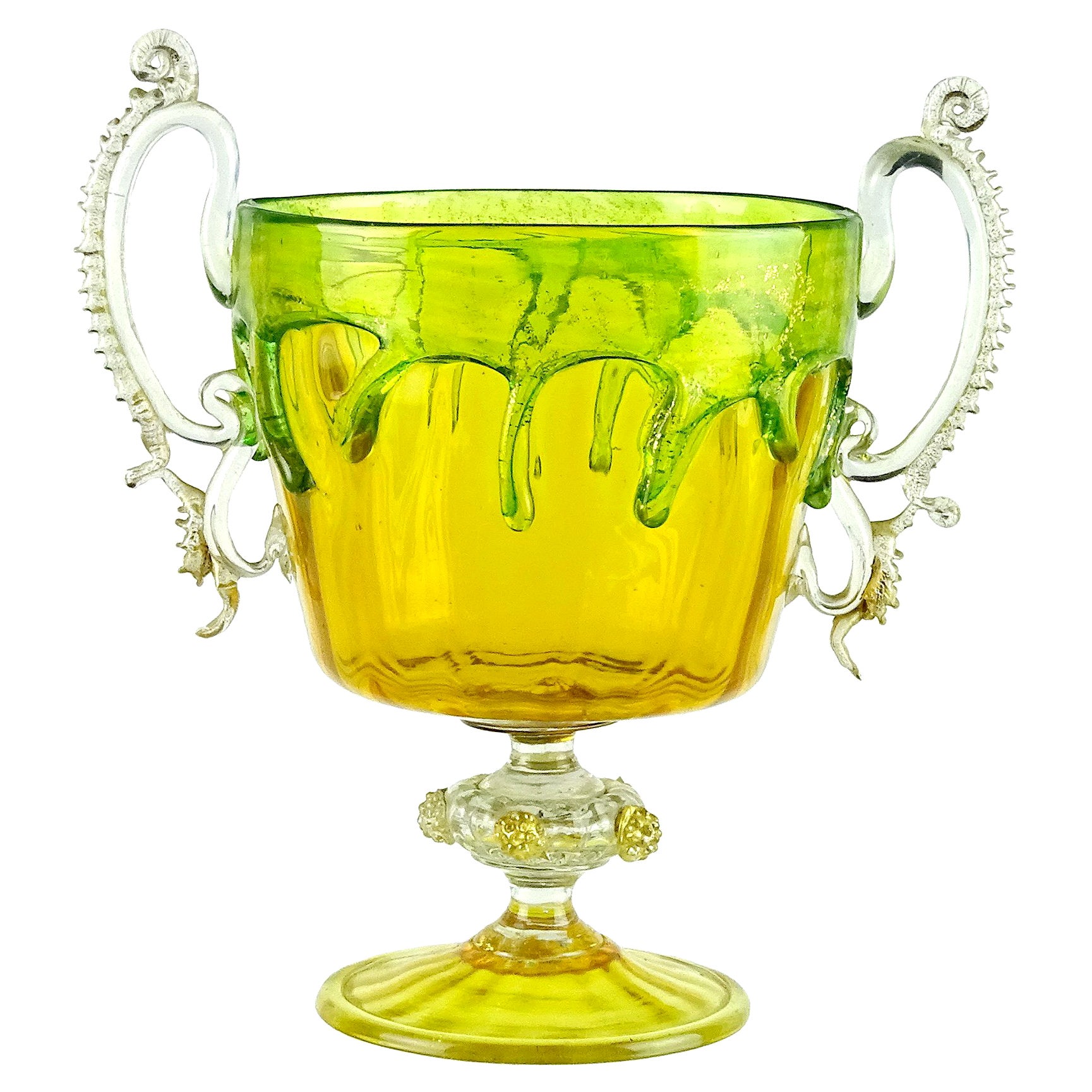 Venetian Murano C. V. M. Yellow Green Drip Gold Italian Art Glass Trophy Vase