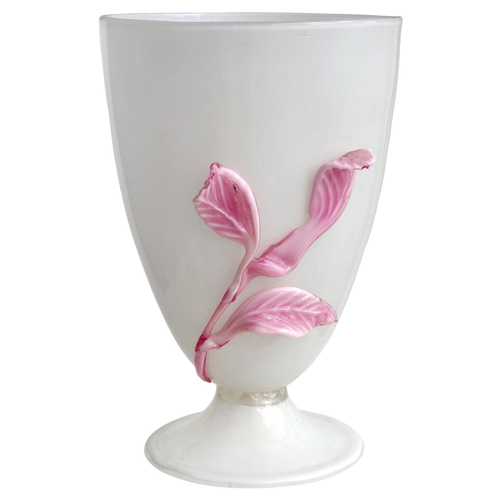 Murano White Gold Flecks Pink Leafs Italian Art Glass Decorative Flower Vase