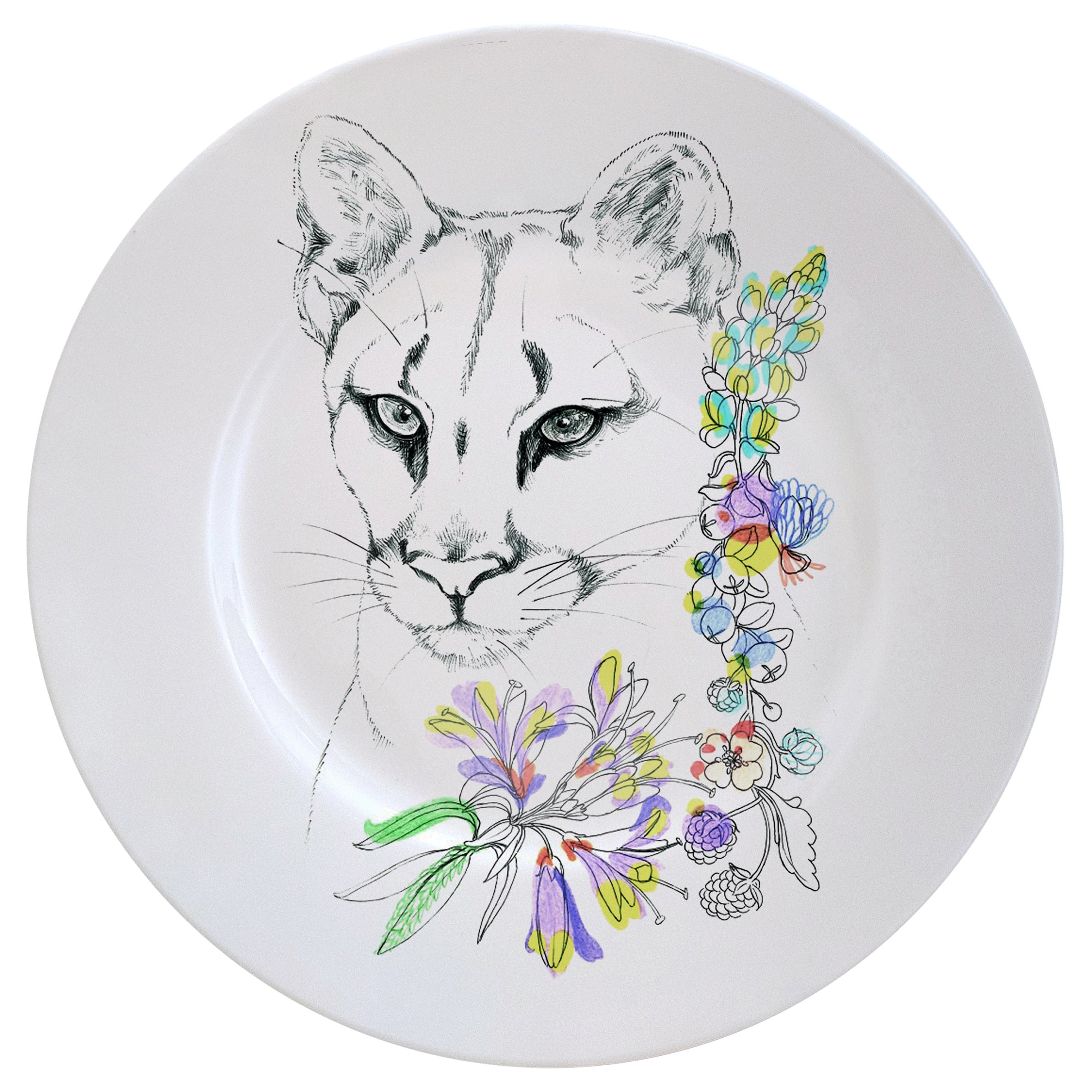 Ode to the Woods, Contemporary Porcelain Dinner Plate with Mountain Lion For Sale