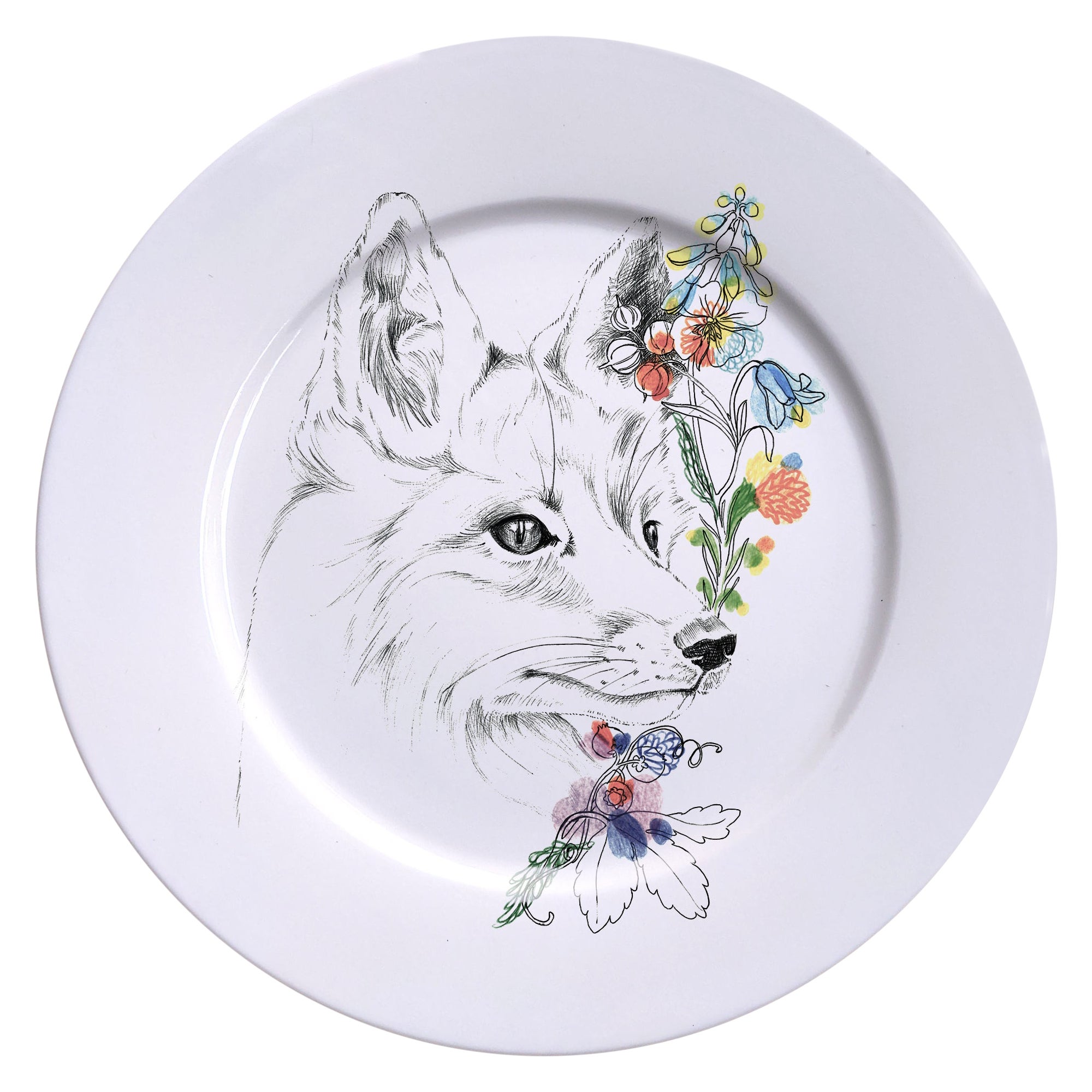 Ode to the Woods, Contemporary Porcelain Dinner Plate with Fox and Flowers
