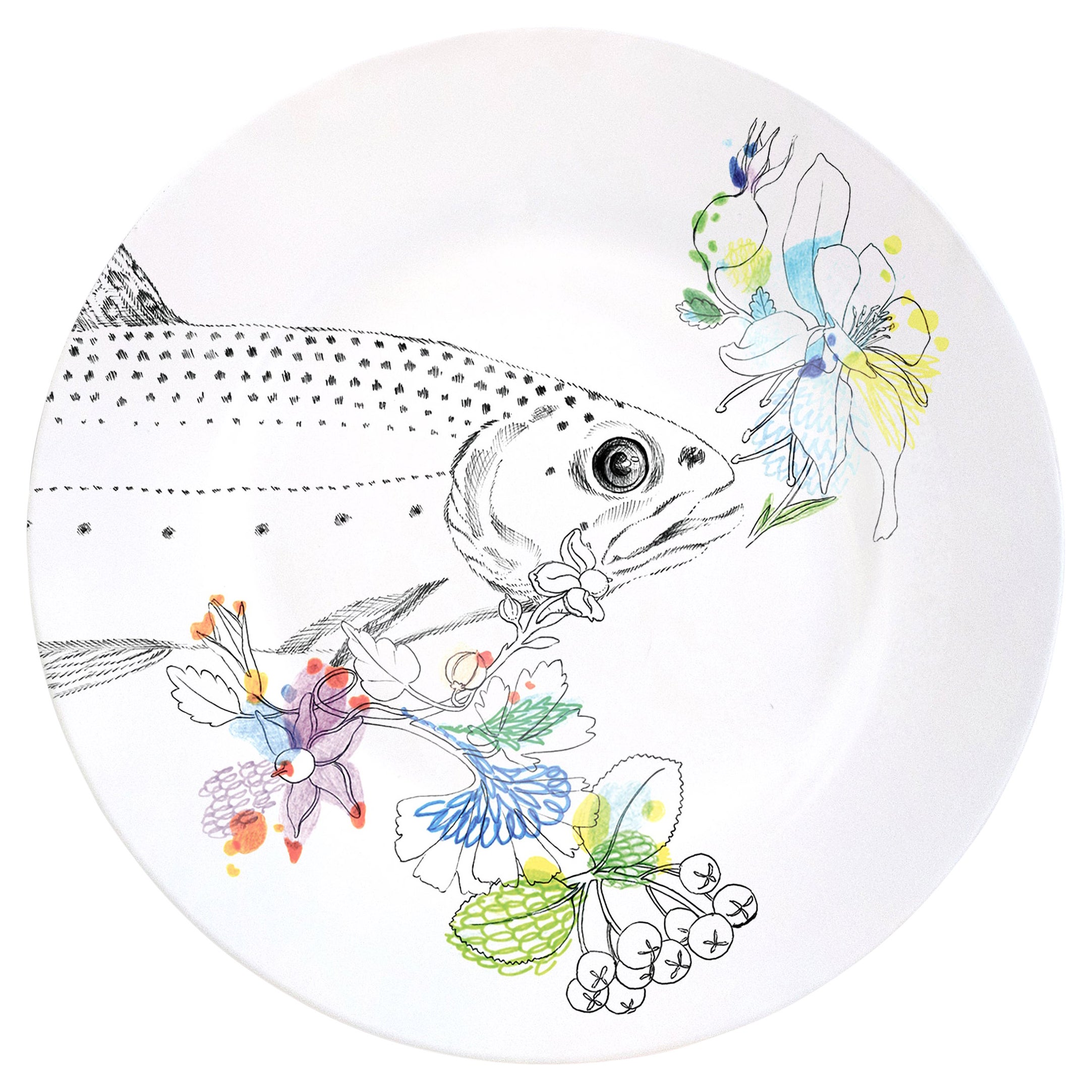 Ode to the Woods, Contemporary Porcelain Dinner Plate with Trout and Flowers