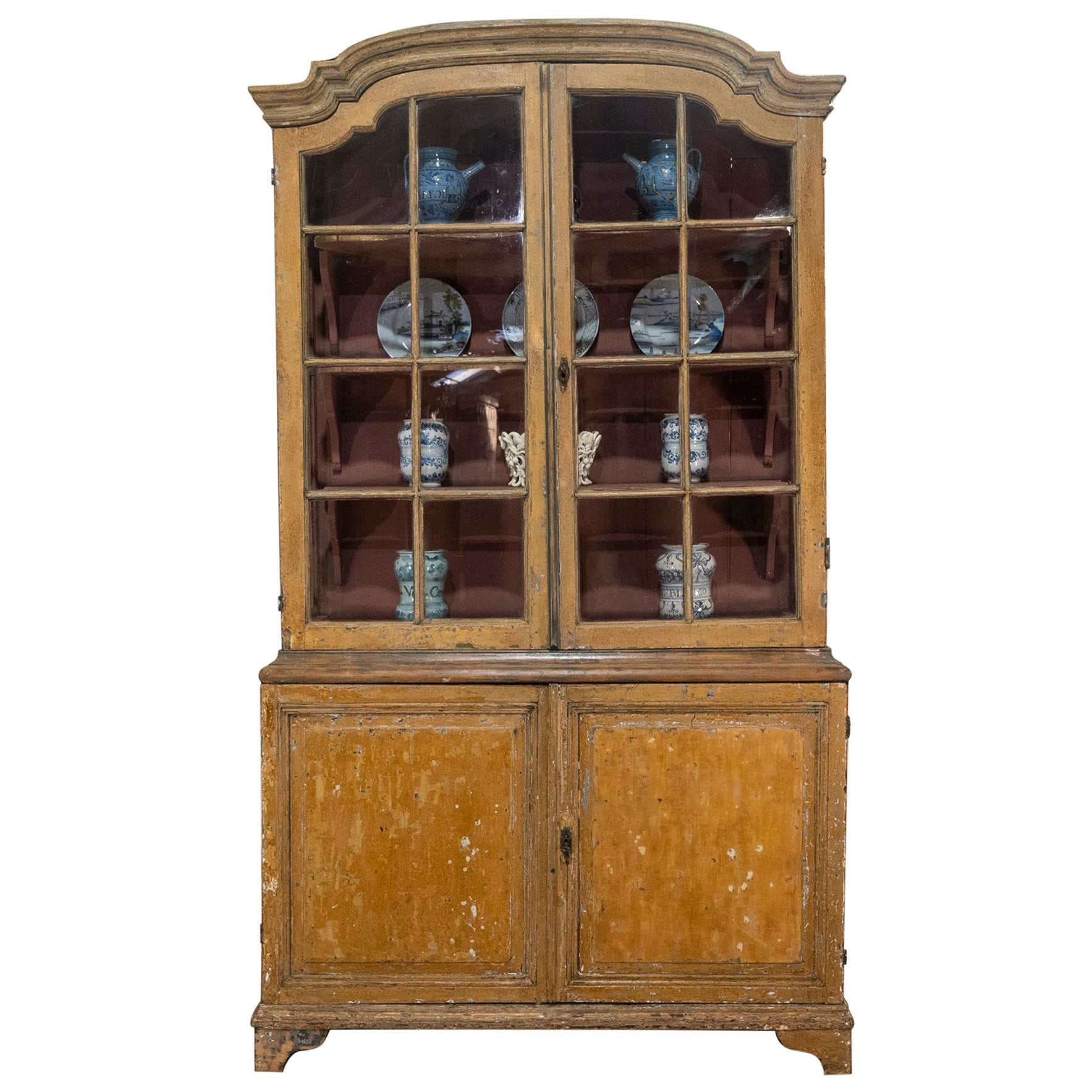 18th Century Dutch Dry Scraped Glazed Vitrine Cabinet