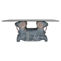 Rectangular Carved Wood Double Ram Head Coffee Table with Glass Top