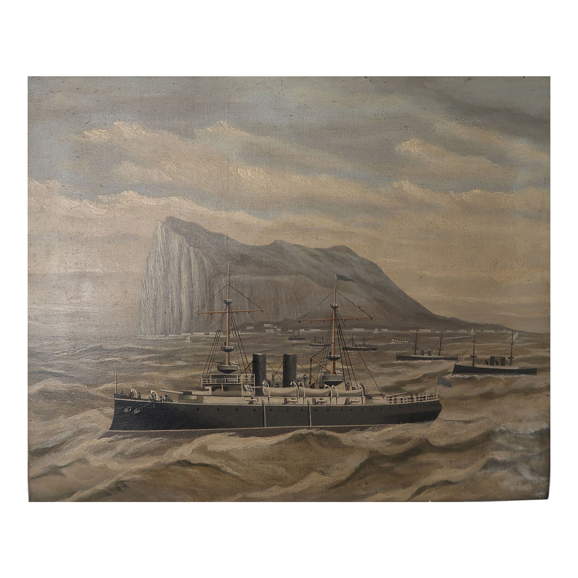 Naive School Marine Oil Painting, Warships off Gibraltar, C.1910