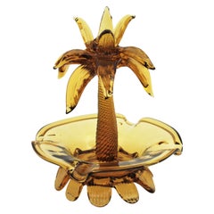 Midcentury Murano Palm Tree Amber Italian Art Glass Decorative Bowl / Ashtray