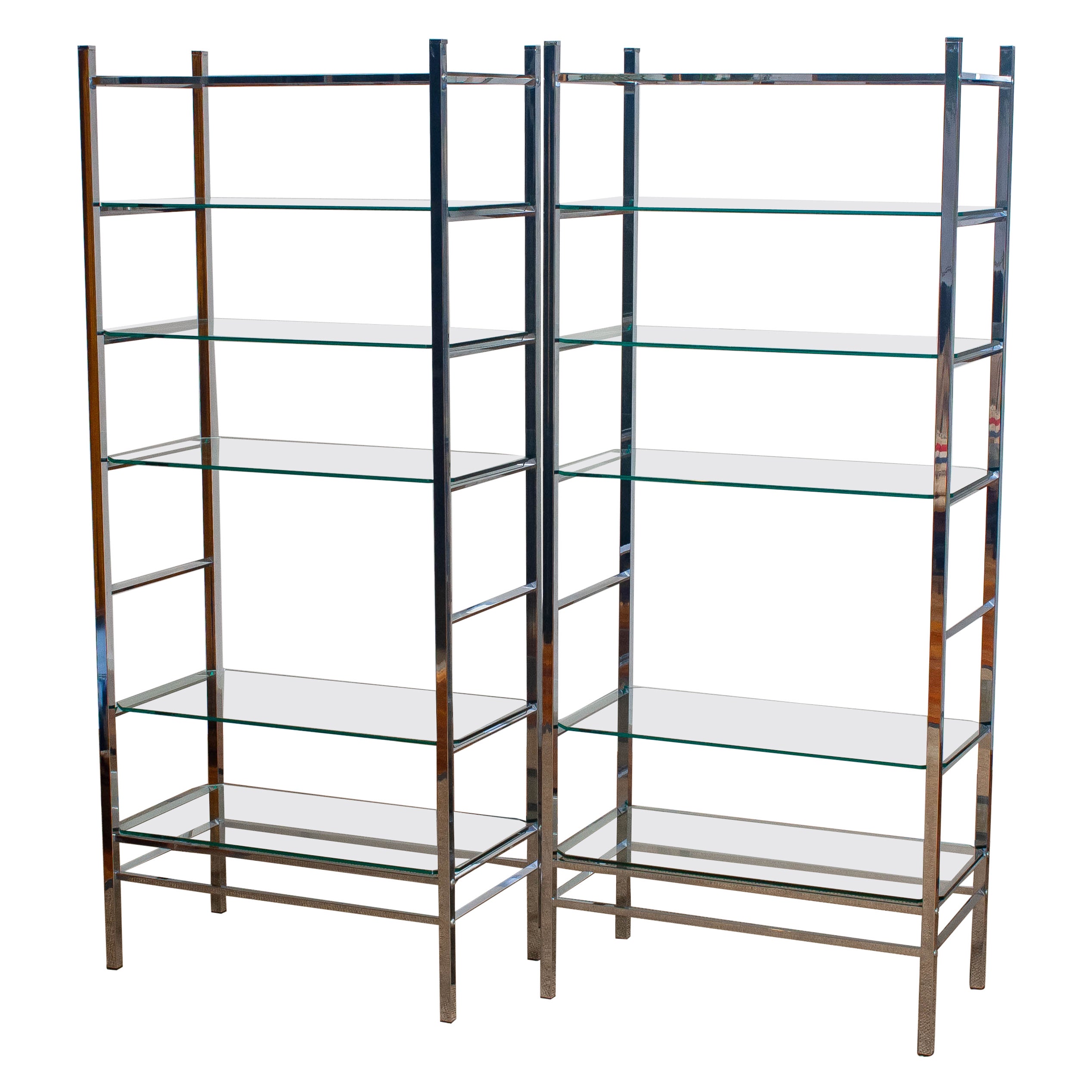 1970's Pair Italian Modernist Vitrine / Bookcase / Etagere in Chrome with Glass