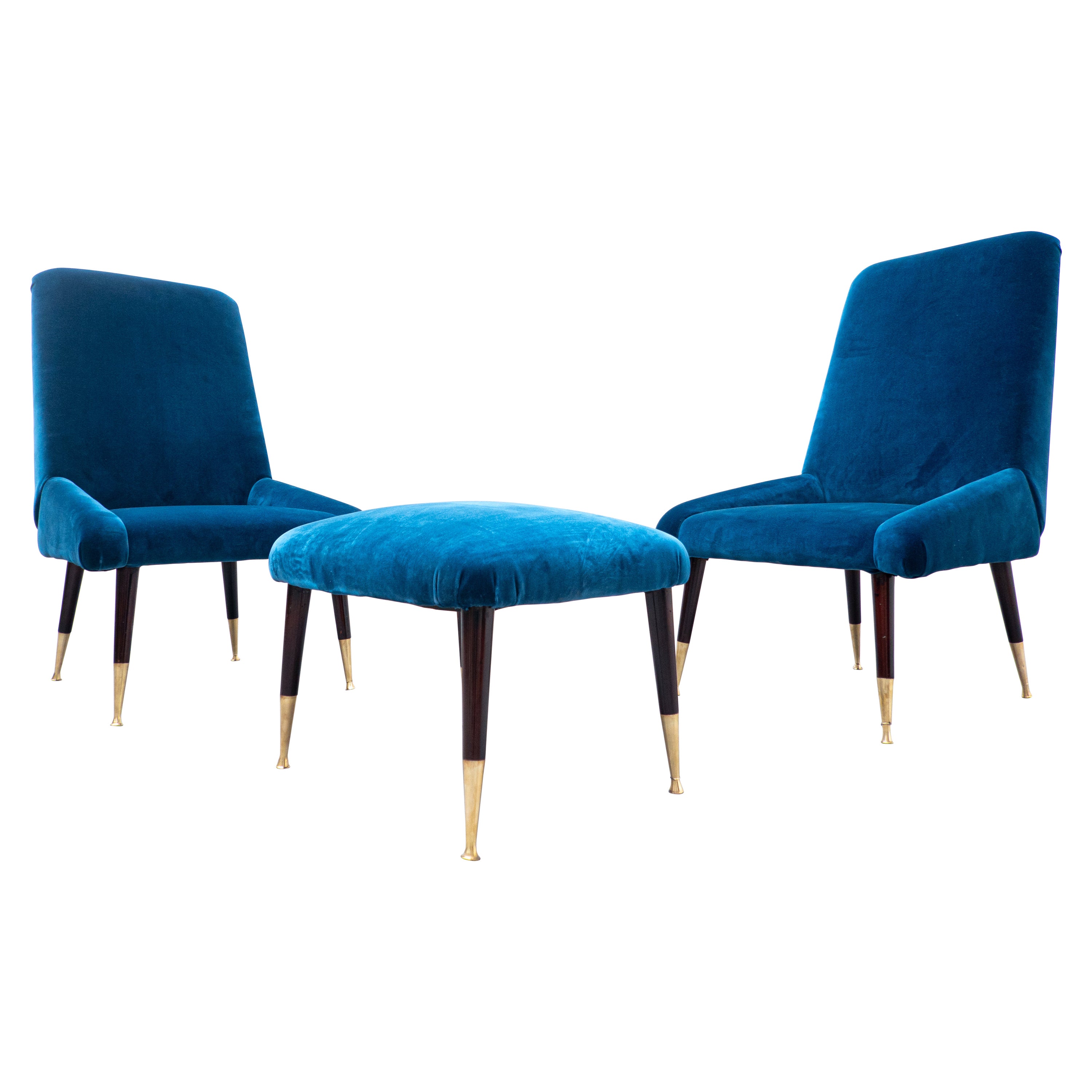 Mid-Century Modern Italian Seating Set, Blue Velvet, 1950s For Sale