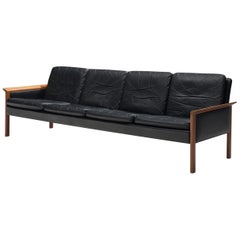 Hans Olsen Four-Seat Sofa in Black Leather and Teak