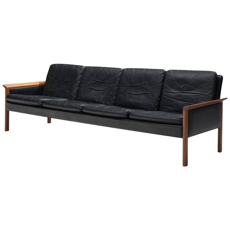Hans Olsen Four-Seat Sofa in Black Leather and Teak For Sale