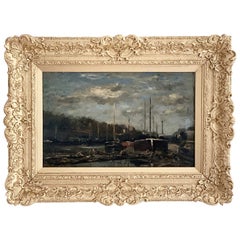 Panneau de Karl Daubigny "Paris, péniches sur la Seine".