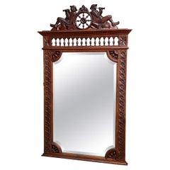 Antique French Breton Brittany Pier Wall Mantel Mirror Carved Oak Frame Beveled