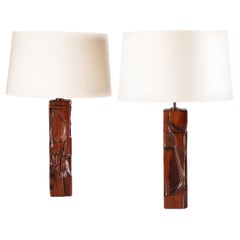 Retro Pair of Carved Wood Table Lamps by Gianni Pinna