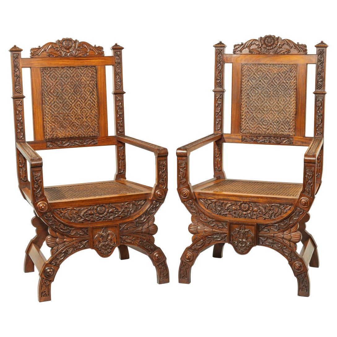 Pair of Indian Throne Chairs, Carved with the Arms of the Kingdom of Travancor