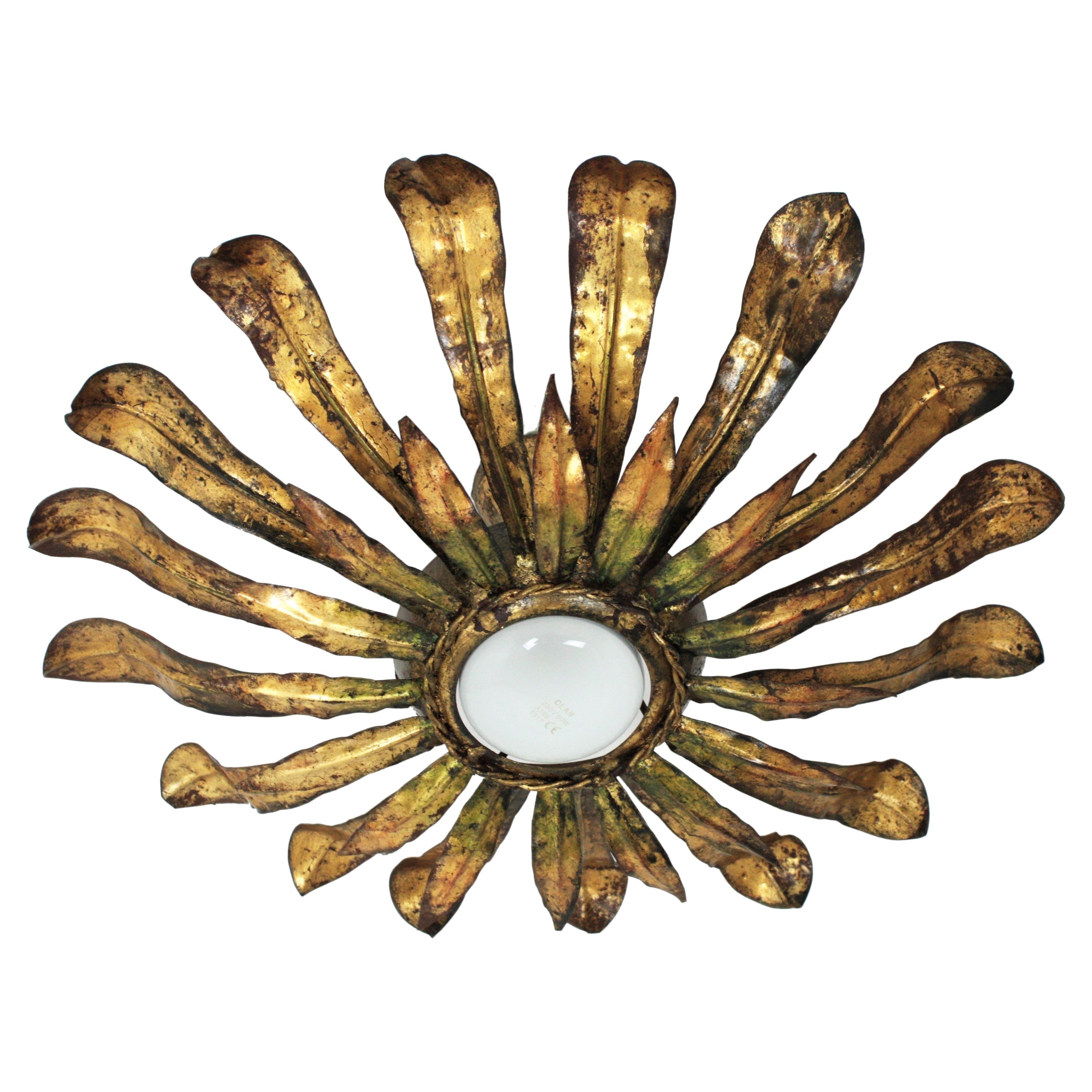 Sunburst Flower Light Fixture in Gilt Iron and Green Accents